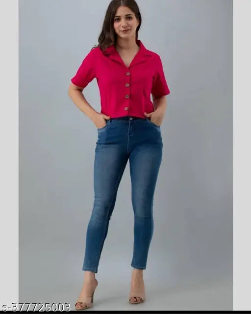 Pink rayon crop shirt, solid net, women's oversized style, Rani Pink color, short sleeves