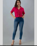 Pink rayon crop shirt, solid net, women's oversized style, Rani Pink color, short sleeves