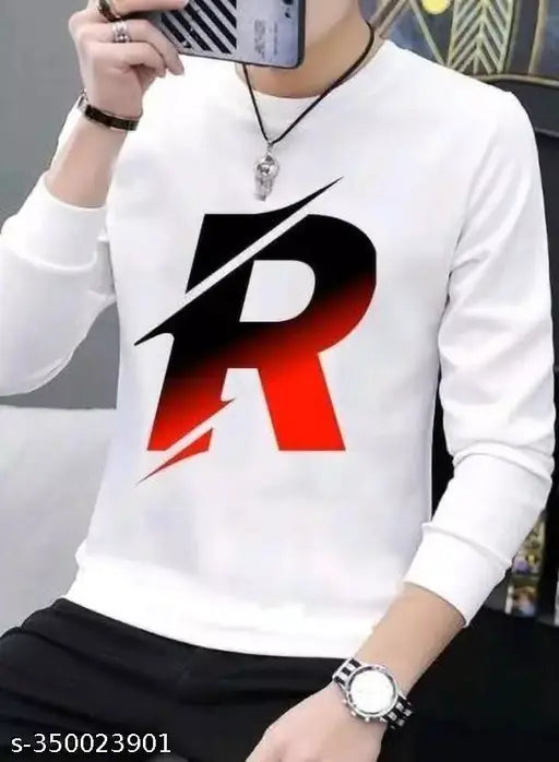 White polyster alphabet tshirt for men, round neck, long sleeves, printed pattern on display stand