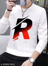 White polyster alphabet t-shirt for men, round neck, long sleeves, printed pattern on front