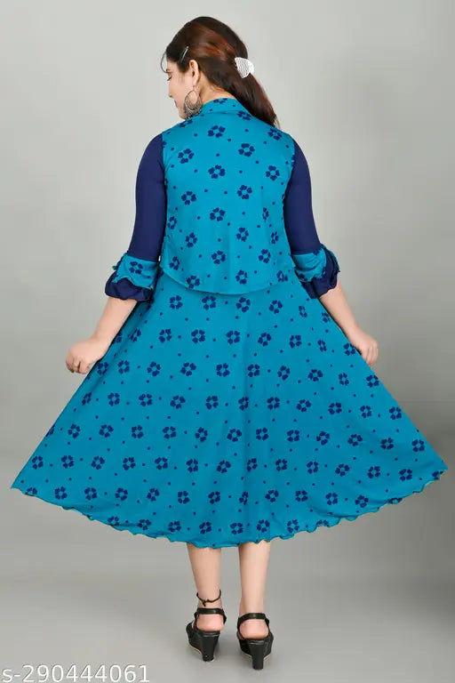Cotton blend printed net long frock by A M Enterprises, three-quarter sleeves for kids aged 2-3 to 9-10 years, Indian origin