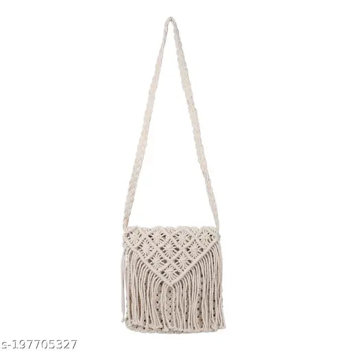 White cotton macrame sling bag, handmade with self design net for women and girls