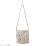 White cotton macrame sling bag, handmade with self design net for women and girls