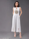 White polyester sleeveless v-neck jumpsuit by Miss Chase, off-white knit with sequin panel, wide-leg style, embellished, zipped closure, 2 pockets, India origin