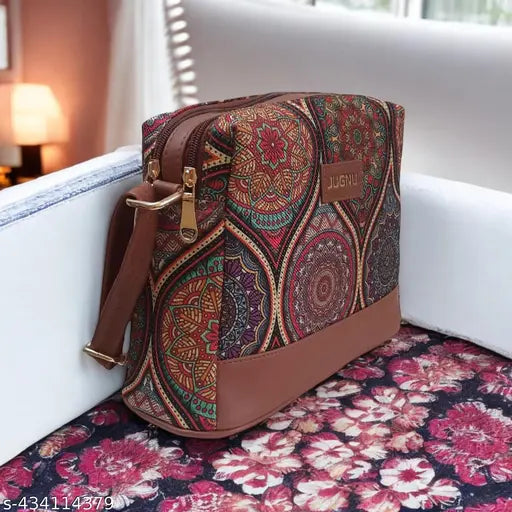 Light brown faux leather, handcrafted jute printed multicolor sling bag for women - eco-friendly, durable, crossbody shoulder bag with 4 compartments, long adjustable belt, perfect for casual or office use