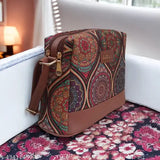 Light brown faux leather, handcrafted jute printed multicolor sling bag for women - eco-friendly, durable, crossbody shoulder bag with 4 compartments, long adjustable belt, perfect for casual or office use