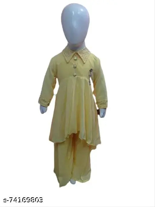 Stylish chiffon A-line kurta plazzo, solid pattern, long sleeves, 5-6 years size