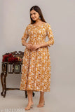 Women's rayon printed A-line Anarkali kurti with three-quarter sleeves, vibrant floral pattern on a cotton base, available in sizes S to XXXL