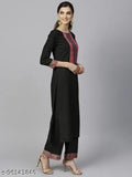Black cotton blend kurti set for women's fashion, featuring a solid pattern and three-quarter sleeves. Includes kurta, plazzo, and dupatta. Made in India