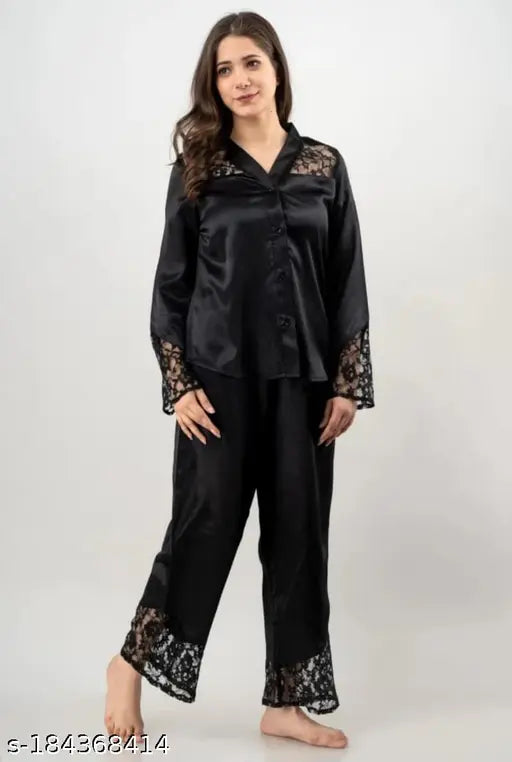 Black satin long sleeve night suit with lace design, luxurious women's pyjama set for all-day wear by Jerry nightwear