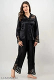 Black satin long sleeve night suit with lace design, luxurious women's pyjama set for all-day wear by Jerry nightwear