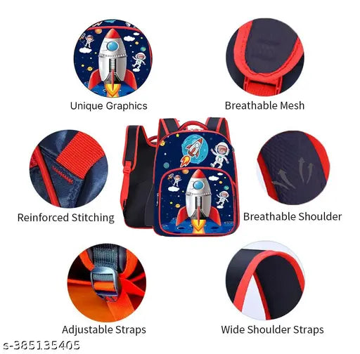 Polyester blue rocket launcher school backpack, fits Class 1-8 students, with multiple compartments for essentials