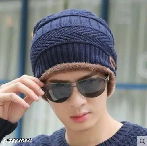 Woolen self-design beanie cap, trendy men's hat for winter, keeps you warm - India origin