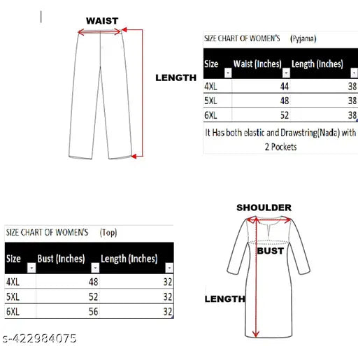 Cotton blend night suit set for plus size women, printed top and pyjama bottoms in big sizes (4XL, 5XL, 6XL) with elastic waistband and pockets, suitable for sleepwear on bed