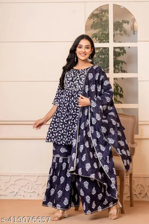 Blue Rayon Rashi Women's Kurta with Sharara and Dupatta Set - Indian occasion wear, exquisite embroidery & embellishments on high-quality rayon fabric. A-line style, three-quarter sleeves, hand wash only