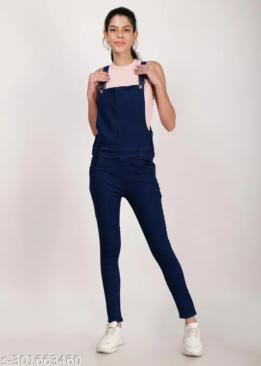 Organic denim dungaree for women & girls, solid cotton sleeveless dress in various sizes