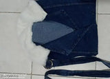 Denim-sleeved warm fur coat for girls, solid pattern in 13-14, 14-15, 15-16 years sizes, Indian origin