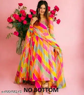 Georgette floral print wedding gown with dupatta, long sleeves, available in sizes S-XXL. Bright, beautiful party dress for special occasions, originating from India