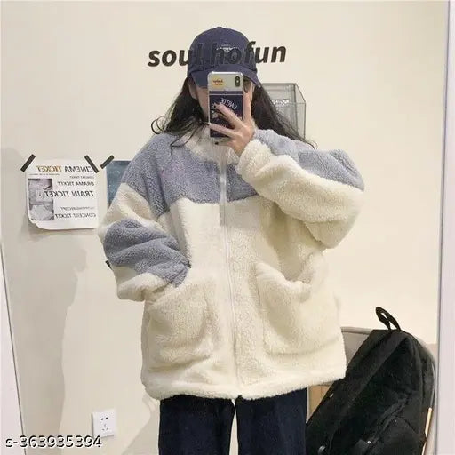 Colorblocked wool jacket, long sleeves, fabric construction, size L or XL from India