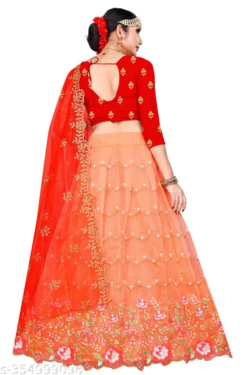 Embroidered semi-stitched Dupion silk and net Lehenga Choli with free size (44 in waist, 43 in length), featuring heavy thread work and cutwork border