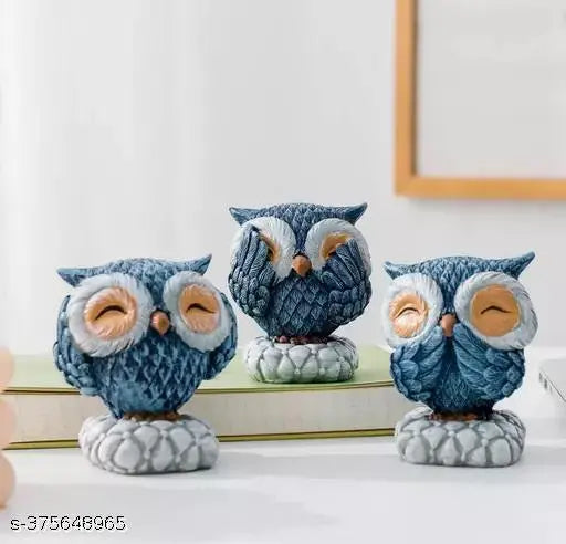 Blue resin owl figurine set of 3, handmade, unique home decor for owl enthusiasts