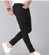 Black cotton-blend slim fit jeans, lightweight for casual and party wear