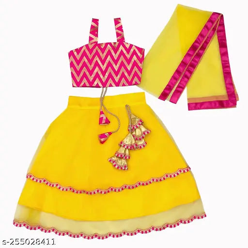 Modern satin-net stylus kids' lengha with net dupatta, sleeveless and zari woven design, sizes: 12-8 years