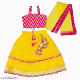 Modern satin-net stylus kids' lengha with net dupatta, sleeveless and zari woven design, sizes: 12-8 years