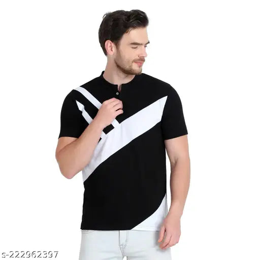 Black & White striped cotton blend round neck half sleeve T-shirt for men, GLITO brand