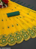 Beautiful multy-thread embroidered Super Net saree for women, showcasing heavy plain Bangalore silk blouse with cutwork border on pallu and skirt, available in mustard yellow, off white, black, and sky blue, originating from India (LATEST DESIGN EMBROIDERY WORK SAREE FOR WOMEN)