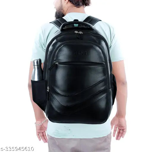 Black leather net waterproof laptop backpack, ample space for textbooks and laptop, adjustable padded straps, multiple compartments, versatile for school and travel