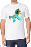 Krishna cotton blend t-shirt, short sleeves with printed net, vibrant image of Lord Krishna holding flute