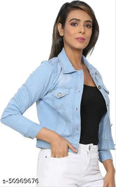 Light blue women's denim jacket, full sleeve design by Saman Fashion Wear for casual and office wear (Size M). Indian-made, solid pattern, three-quarter sleeves, closure button on front