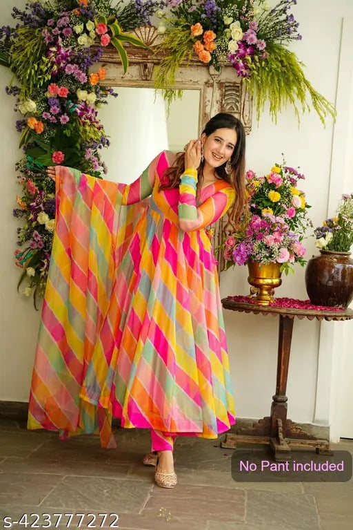 MultiColor striped georgette fit-and-flare gown, round neck, full sleeve with tassel, digital Leheriya print. Indian designer attire with contemporary touch. Perfect for festive, daily, casual, office, or evening wear. Made in India