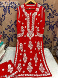 Rayon Chikankari work kurta and plazzo set, printed net, rayon fabric, three-quarter sleeves, Indian traditional wear, Indian clothing set on display