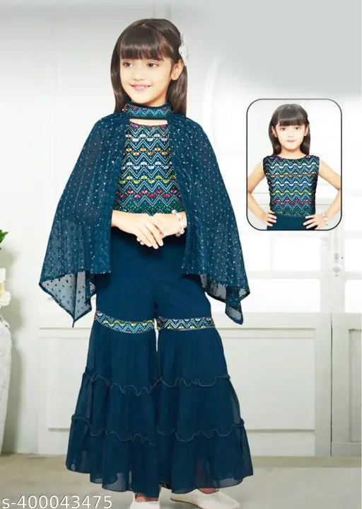 Modern funky kids' georgette lehengas with short sleeves and embroidered patterns, ideal for 4-9 year-olds. Indian-made traditional outfits for girls