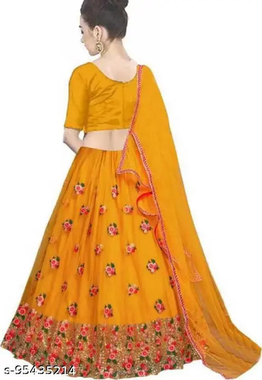 Yellow embroidered Lehenga Choli ethnic wear set, includes Ghagra, Choli, and Dupatta. Handcrafted from net fabric for girls aged 3-16 years or free size. Made in India