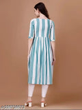 Cotton lining striped flared kurti with three-quarter sleeves, round neck, calf length - modern Indian fashion for women
