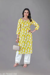 Yellow-colored floral digital print kurti with palazzo, vibrant ensemble for occasions, soft rayon fabric
