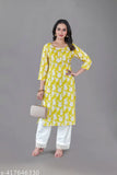 Yellow-colored floral digital print kurti with palazzo, vibrant ensemble for occasions, soft rayon fabric