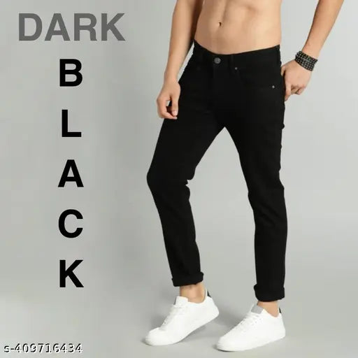 RuggedElegance Black Denim Slim-Fit Jeans for Men - Comfortable, versatile, high-grade denim pants in solid black. Durable and stylish wardrobe essential with stretch fabric and slim fit design. Multiple sizes available from 26-38 waist sizes. Origin: India