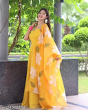 Georgette mastard flower print dress, vibrant Indian fashion for women