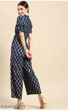 Navy blue rayon jumpsuit with golden ethnic motifs, short puff sleeves, tie-up detail, and pockets - Indian fashion