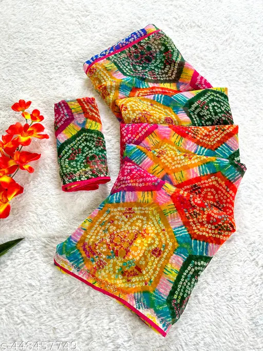 Georgette printed saree with separate blouse, perfect for casual or partywear, India origin