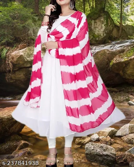 Trendy white georgette jumping gown with digital printed dupatta, ideal for casual or festive wear
