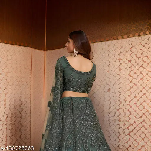 New Fashion Embroidered Net Lehenga Choli & Dupatta, Semi-Stitched Indian bridal wear with a 42in waist and 70in dupatta length