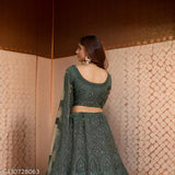 New Fashion Embroidered Net Lehenga Choli & Dupatta, Semi-Stitched Indian bridal wear with a 42in waist and 70in dupatta length