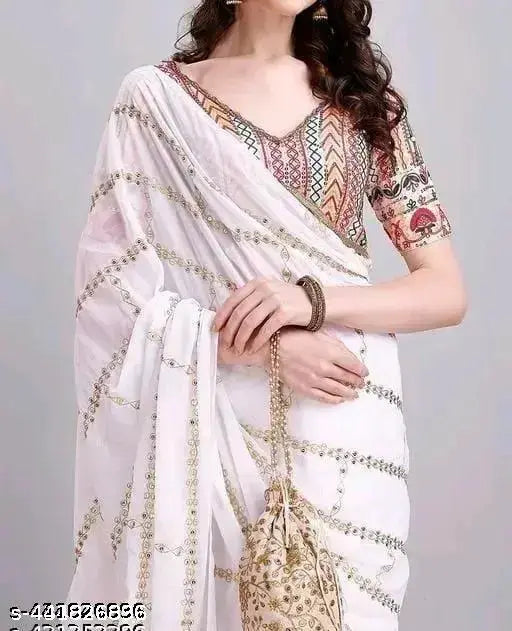 White Georgette saree with embellished woven design blouse, satin silk running blouse on mannequin