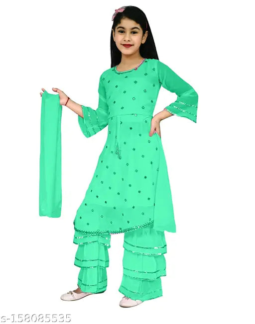 Georgette partywear sharara dress with kurti for girls, solid net pattern, three-quarter sleeves