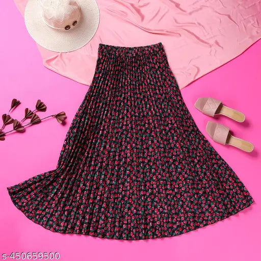 Stylish floral maxi skirt for women, pleated design with elastic waist, black rayon, fashionable western skirt with pockets